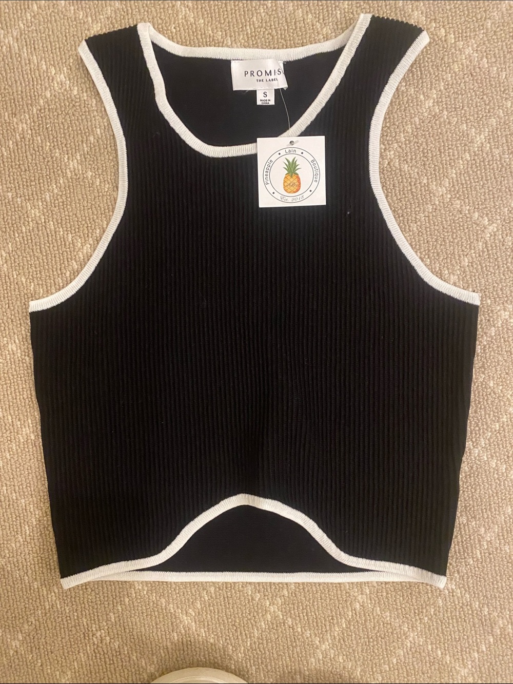 Promise Black Ribbed Tank Top with White Trim
